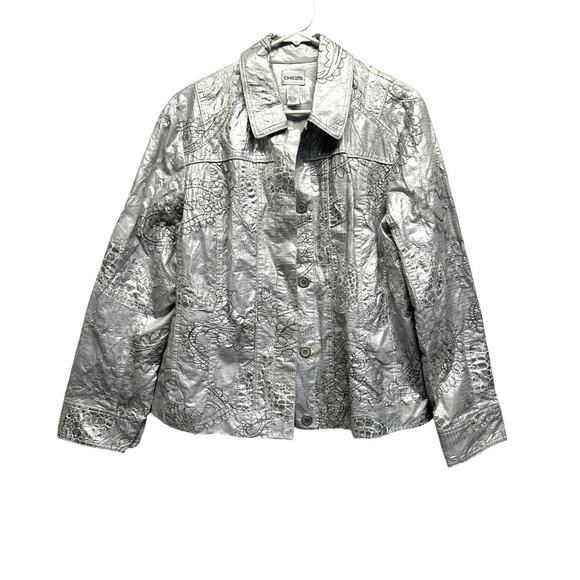 Chico’s Metallic Silver Embroidered Croc-Print Jacket Size 2 (M/L) - Picture 1 of 9